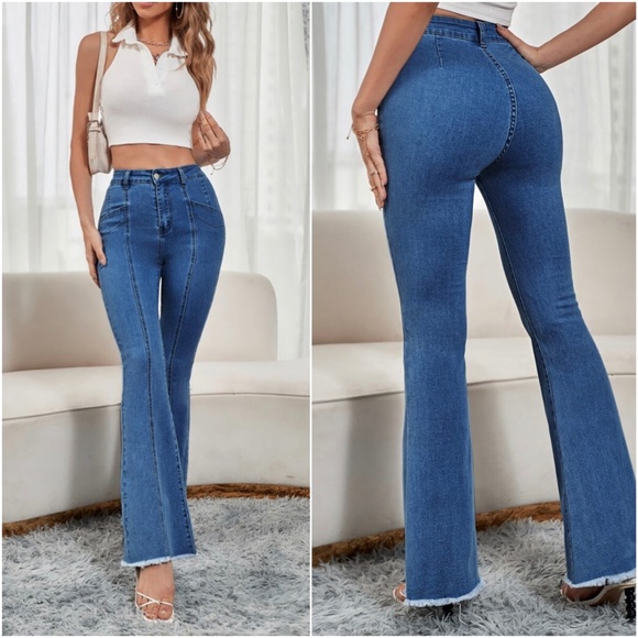 Medium Wash Blue Frayed Hem Wide leg Fitted Denim Jeans - Picture 8 of 9